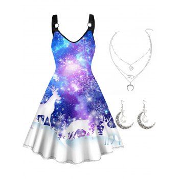 Plus Size Snow Galaxy Elk Snowflake Print Christmas Midi Dress And Moon Layered Chain Necklace Drop Earrings Outfit, Multicolor
Plus Size Snow Galaxy Elk Snowflake Print Christmas Midi Dress And Moon Layered Chain Necklace Drop Earrings Outfit, Multicolor