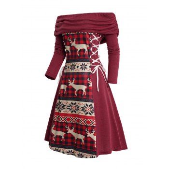 Elk Snowflake Plaid Print Christmas Dress Off The Shoulder Foldover Lace Up Mini Dress, Deep red
Elk Snowflake Plaid Print Christmas Dress Off The Shoulder Foldover Lace Up Mini Dress, Deep red