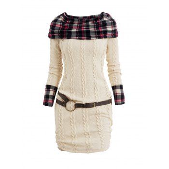 Plaid Panel Cable Knit Belted Sweater Dress Cowl Neck Ruched Mini Dress, Light coffee
Plaid Panel Cable Knit Belted Sweater Dress Cowl Neck Ruched Mini Dress, Light coffee