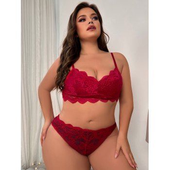 

Plus Size Sheer Floral Lace Bralatte And Panty Adjustable Spaghetti Strap Lingerie Set, Red