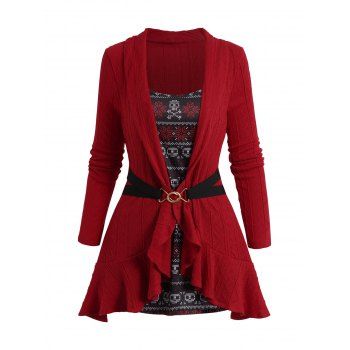 

Contrast Faux Twinset Knit Top Christmas Snowflake Geometric Print Self-belt Draped Knitted 2 In 1 Top, Red