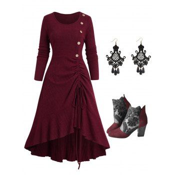 

Cinched Flounce Mock Button Midi High Low Knit Dress And Sheer Lace Chunky Heels Zip Fly Sandals Hook Drop Earrings Outfit, Deep red