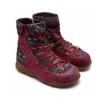 

The New Fashional Ethnic Round Toe Colorblock Lace Up Boots, Red wine
