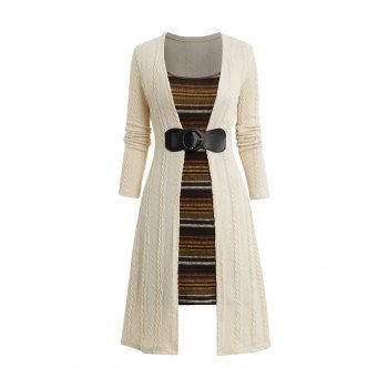 Tribal Stripe Knit Faux Twinset Dress Buckle Strap Twisted Knitted Mini 2 In 1 Dress, Light coffee
Tribal Stripe Knit Faux Twinset Dress Buckle Strap Twisted Knitted Mini 2 In 1 Dress, Light coffee