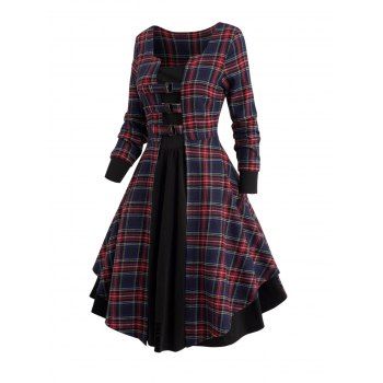 Plaid Print Mini Faux Twinset Dress Buckle Strap Long Sleeve Casual Dress, Black
Plaid Print Mini Faux Twinset Dress Buckle Strap Long Sleeve Casual Dress, Black
