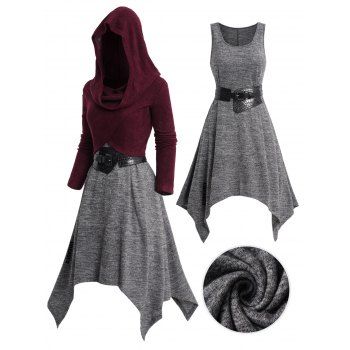 

Marled PU Panel Belt Handkerchief Tank Dress And Crossover Hooded Long Sleeves Top Outfit, Gray