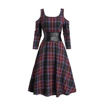 Plaid Print Cold Shoulder Belted Midi Dress Long Sleeve High Waist Dress, Deep red
Plaid Print Cold Shoulder Belted Midi Dress Long Sleeve High Waist Dress, Deep red