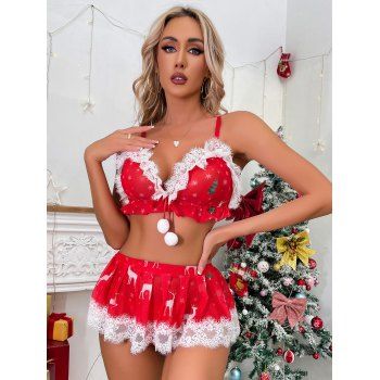 

Sheer Mesh Christmas Bralette Skirt T-back Tree Elk Snowflake Pattern Lace Panel Fuzzy Ball Lingerie Set, Red