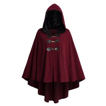 

PU Buckle Fluffy Lining Hooded High Low Cape, Deep red