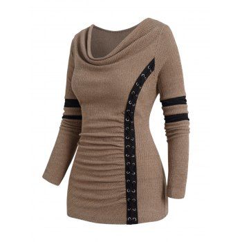 

Cowl Neck Colorblock Panel Knit Top Lace Up Long Sleeve Casual Knitted Top, Coffee
