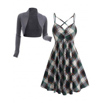 

Plain Color Open Front Cropped Sweater And Crisscross Mini Plaid Dress Outfit, Gray