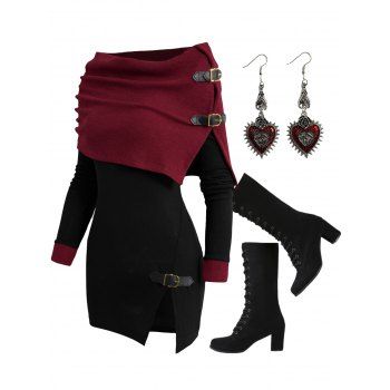 

Open Shoulder Knit Foldover Top Buckle Strap Top And Lace Up Mid Calf Boots Gothic Earrings Outfit, Deep red