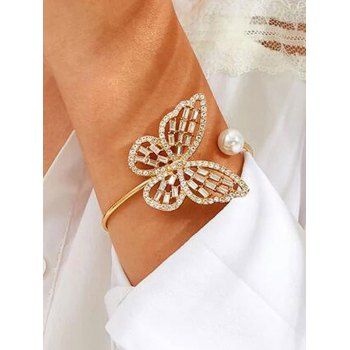 

Hollow Out Butterfly Rhinestone Artificial Pearl Cuff Bracelet, Golden