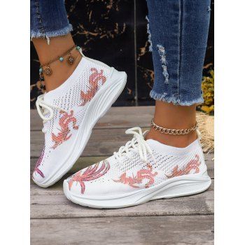 

Women Comfortable Fabric Upper Pointed Toe Lace-up Sports Casual Shoes Fashion Printed Flat Bottomed Shoes For Walking, White