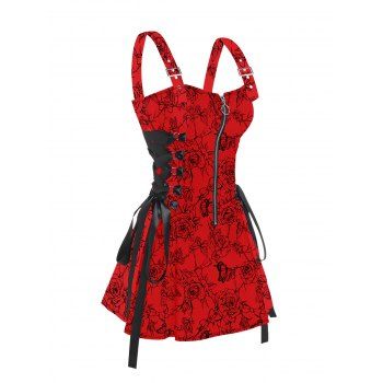 

Lace Up Half Zipper Mini Dress Rose Butterfly Print Buckle Strap Dress, Deep red
