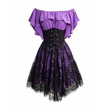 

Mesh Overlay Ruffles Short Sleeve Lace-Up Dress Corset Belt Layered Square Neck Mini Dress, Purple