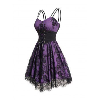 

Allover Flower Print Lace Mesh Overlay with Corset Belt Double Spaghetti Strap Cami Dress, Purple