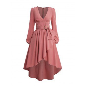 

Valentine's Day Women High Low Wrap Style Midi V Neck Solid Color Irregular Casual A Line Dress, Light pink