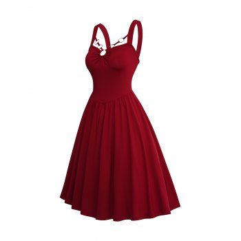 

Valentine's Day Solid Color Corset Style O-ring High Waisted Sleeveless A Line Dress, Deep red