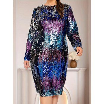 

Plus Size Ombre Sequin Embellished Dress Zipper Back Long Sleeve Shift Dress, Midnight blue