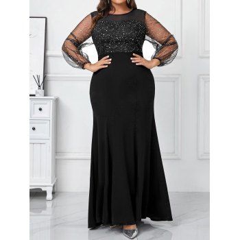 

Plus Size Sheer Crystal Embellished Mesh Overlay Puff Sleeve Bodycon Dress, Black