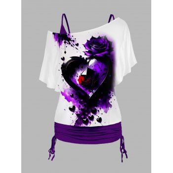 

Plus Size Valentine's Day Rhinestone Heart Rose Print Watercolor Oblique Shoulder T Shirt and Cinched Ruched Tank Top Set, Purple