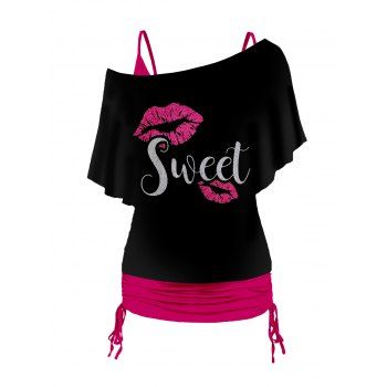 

Plus Size Valentine's Day Glitter Lip Pattern Letter SWEET Oblique Shoulder T Shirt and Cinched Ruched Tank Top Set, Light pink