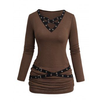 

Women Long Sleeve V Neck Belt Casual Solid Color Top, Deep coffee