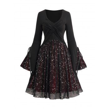 

Contrast Color Lace Up Dress Sparkly Star Pattern Sheer Mesh Overlay Dress, Black
