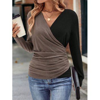 

Two Tone Surplice Neck Ruched Tee Long Sleeve Trendy T Shirt, Coffee