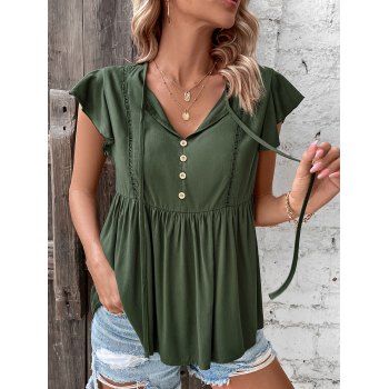 

Plain Color T Shirt Drawstring V Neck Short Sleeve Mock Button Tee, Deep green