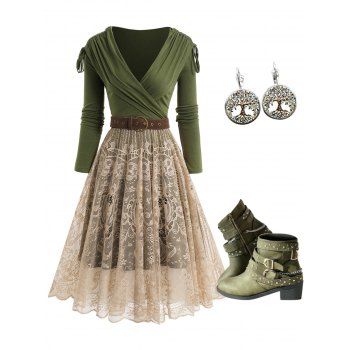Cinched Ruched Mesh Overlay Dress And Rivet Buckle Strap Zip Up Punk Boots Life Tree Drop Earrings Outfit, Multicolor
Cinched Ruched Mesh Overlay Dress And Rivet Buckle Strap Zip Up Punk Boots Life Tree Drop Earrings Outfit, Multicolor