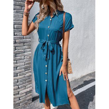 Button Front Turn Down Collar Slit Pocket Side Dress Solid Roll Up Sleeve Belt Shirt Dress, Blue
Button Front Turn Down Collar Slit Pocket Side Dress Solid Roll Up Sleeve Belt Shirt Dress, Blue