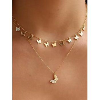 

Valentine's Day Butterfly Tassel Chain Faux Rhinestone Layered Necklace, Golden