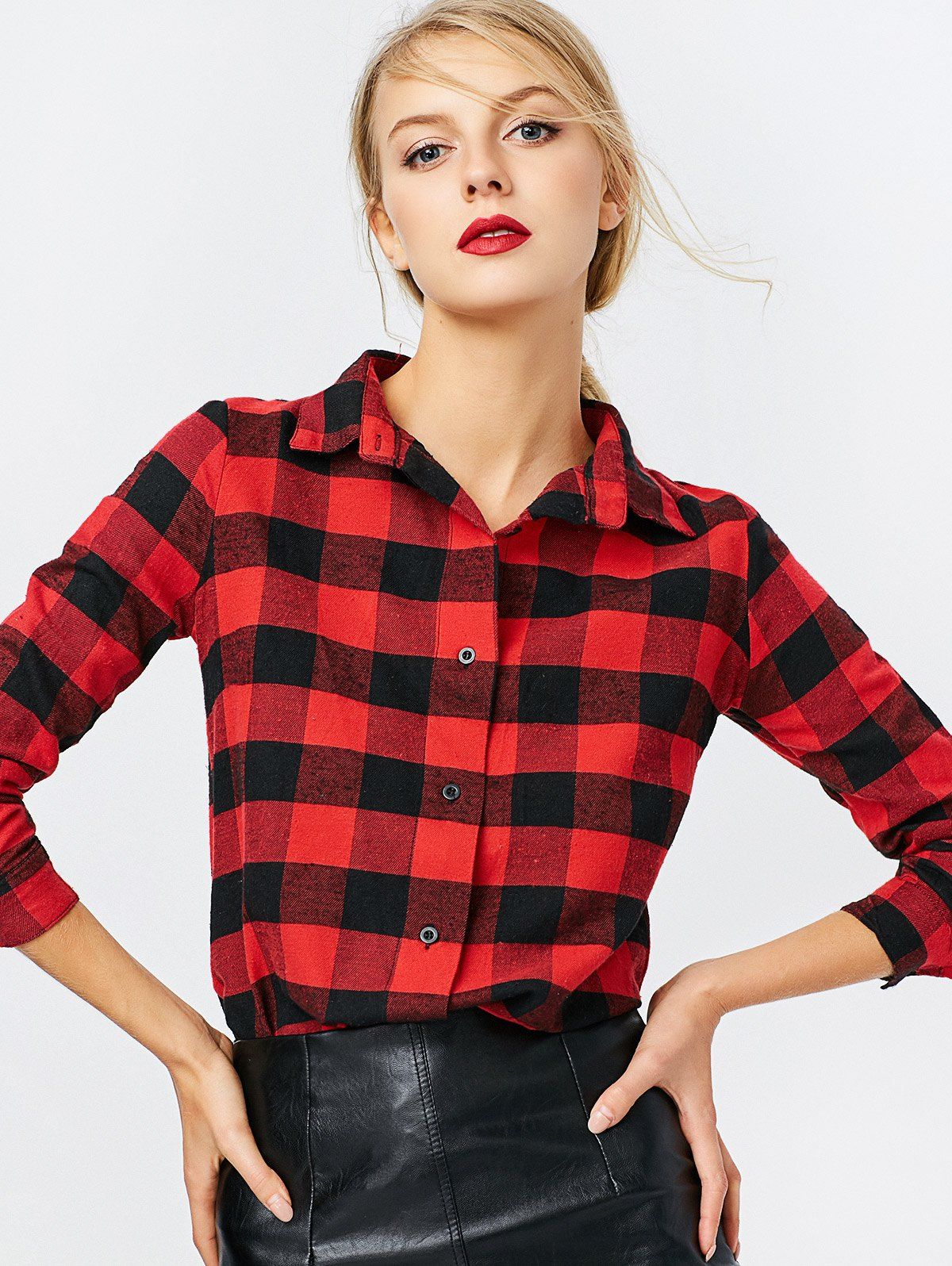 Fashion Turn-down Collar Long Sleeve Plaid Pattern Women T-shirt, Red
Fashion Turn-down Collar Long Sleeve Plaid Pattern Women T-shirt, Red