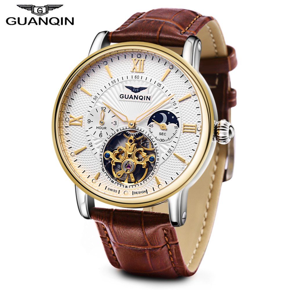 GUANQIN GJ16036 Men Auto Mechanical Watch Chronograph Moon Phase Wristwatch, White and golden
GUANQIN GJ16036 Men Auto Mechanical Watch Chronograph Moon Phase Wristwatch, White and golden