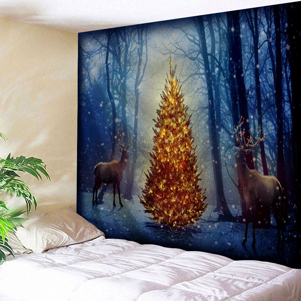 Misty Forest Elk Christmas Tree Wall Tapestry, Blue