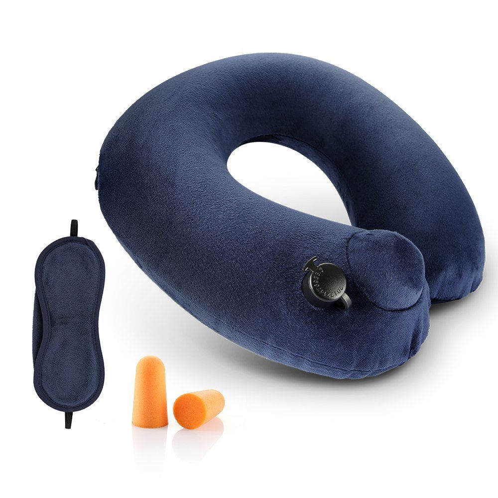 COZZINE Inflatable Pillow with Blindfold and Pair of Earplug, Cadetblue