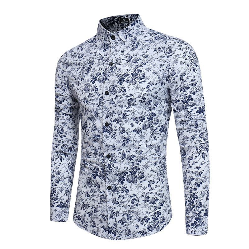 

New Men'S Long Sleeves Printed Floral Beach Night Clubs Shirts Autumn and Winter, White