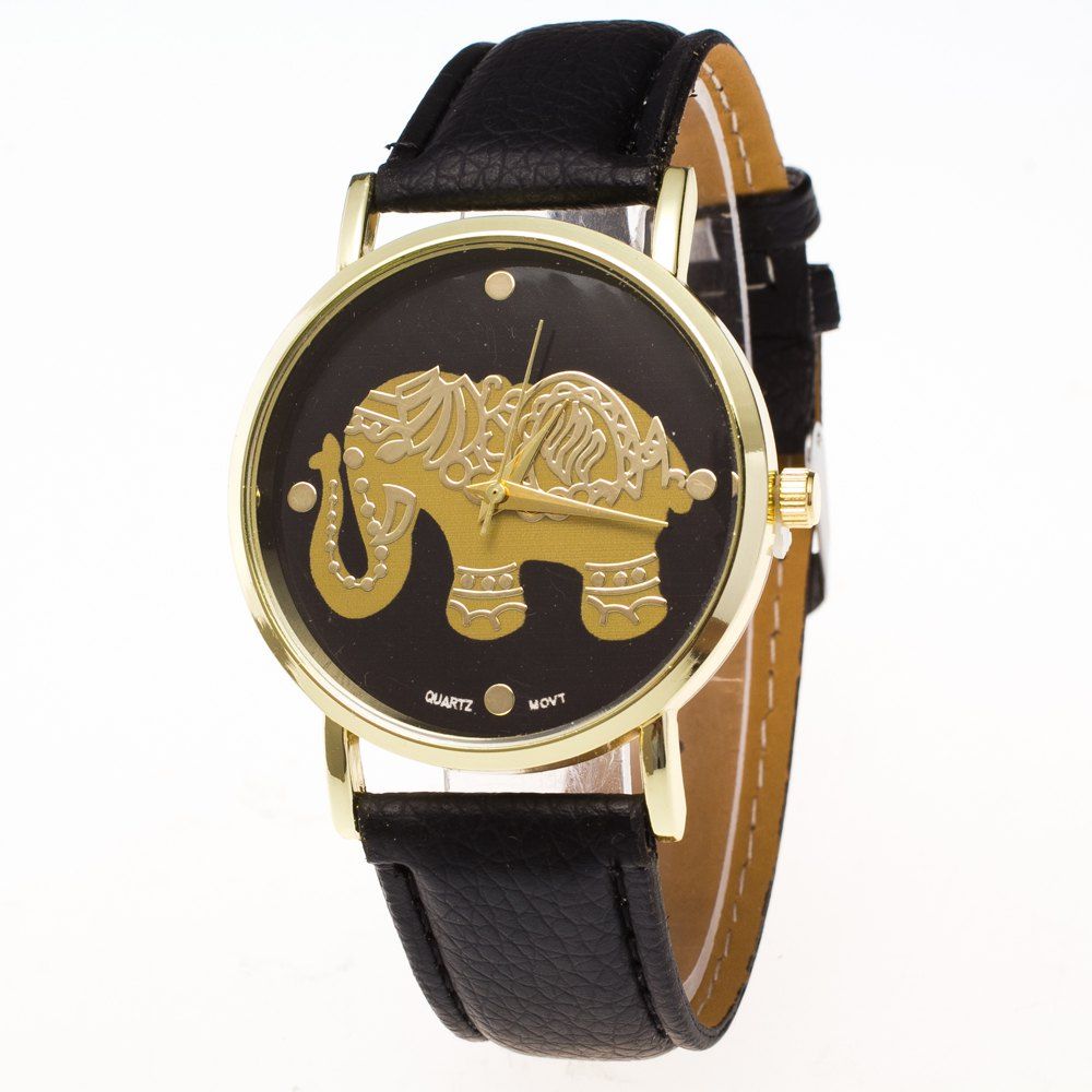 

ZhouLianFa Fashionable Women'S Hand Elephant Pattern Pattern Embossed Strap Simple Quartz Watch with Gift Box, Black