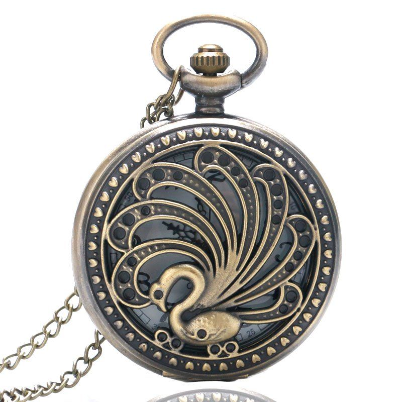

REEBONZ Steampunk Vintage Peacock Hollow Quartz Pocket Watch Necklace Pendant, Copper color