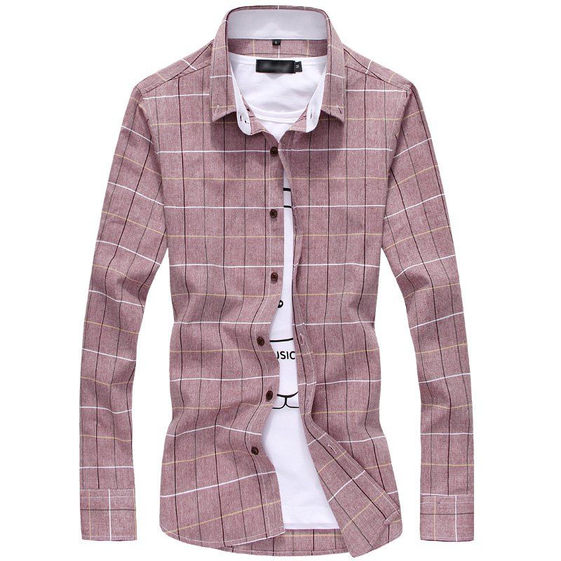Fashion Casual Lapel Men's Long Sleeved Shirt, Light red