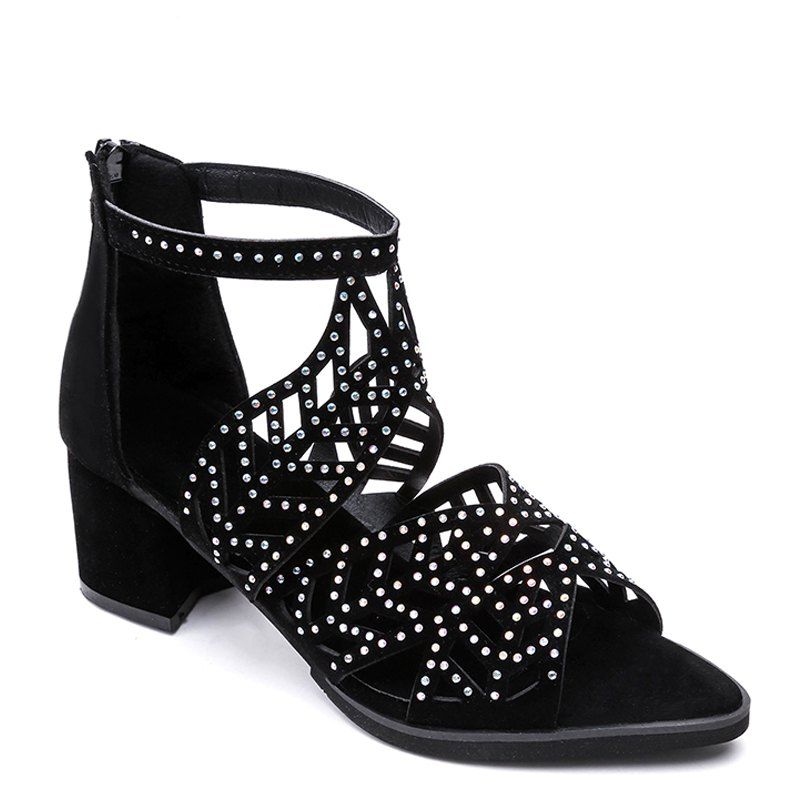 Trendy Zipper Sandals Coarse Heels, Black