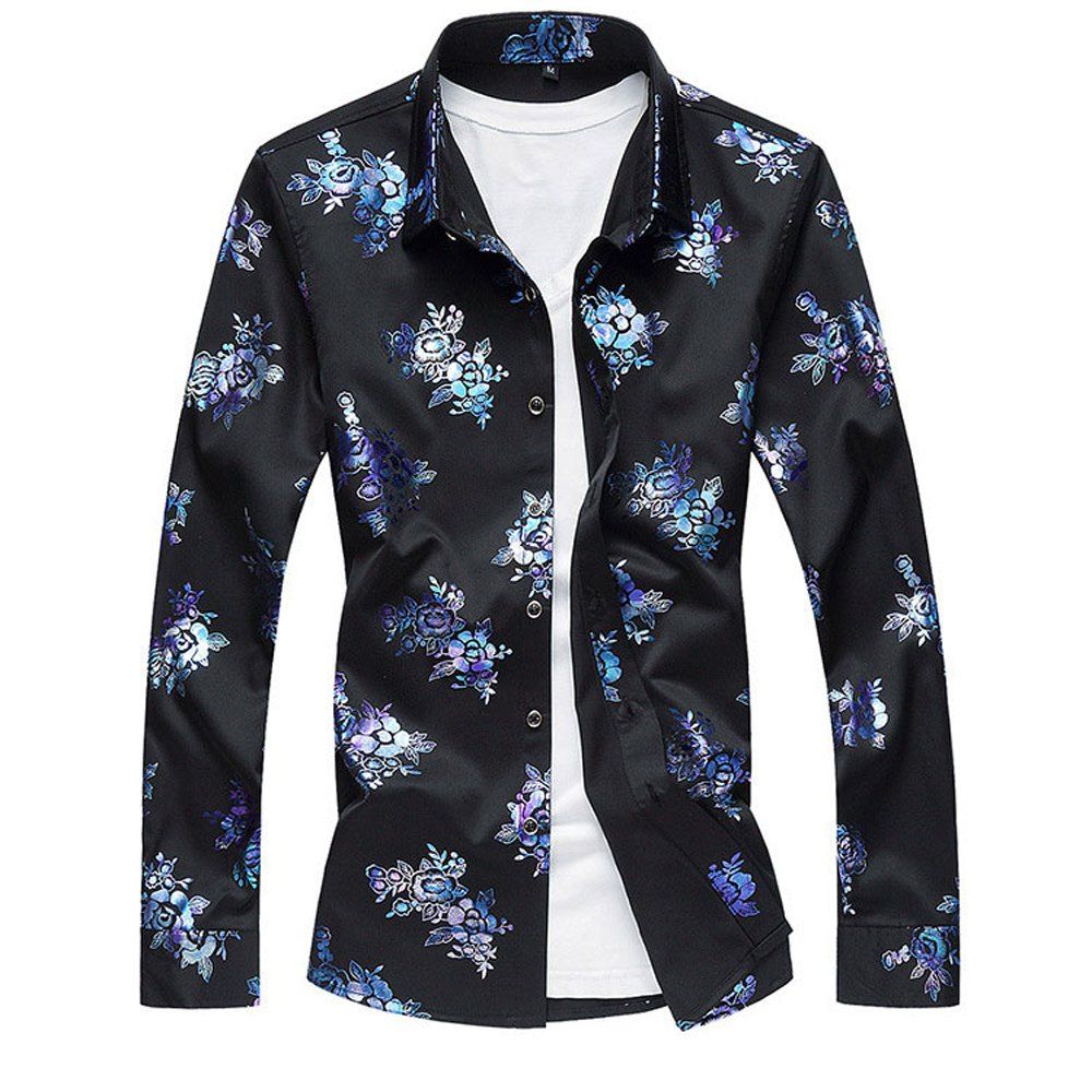New Men's Long Sleeve Floral Shirt, Black