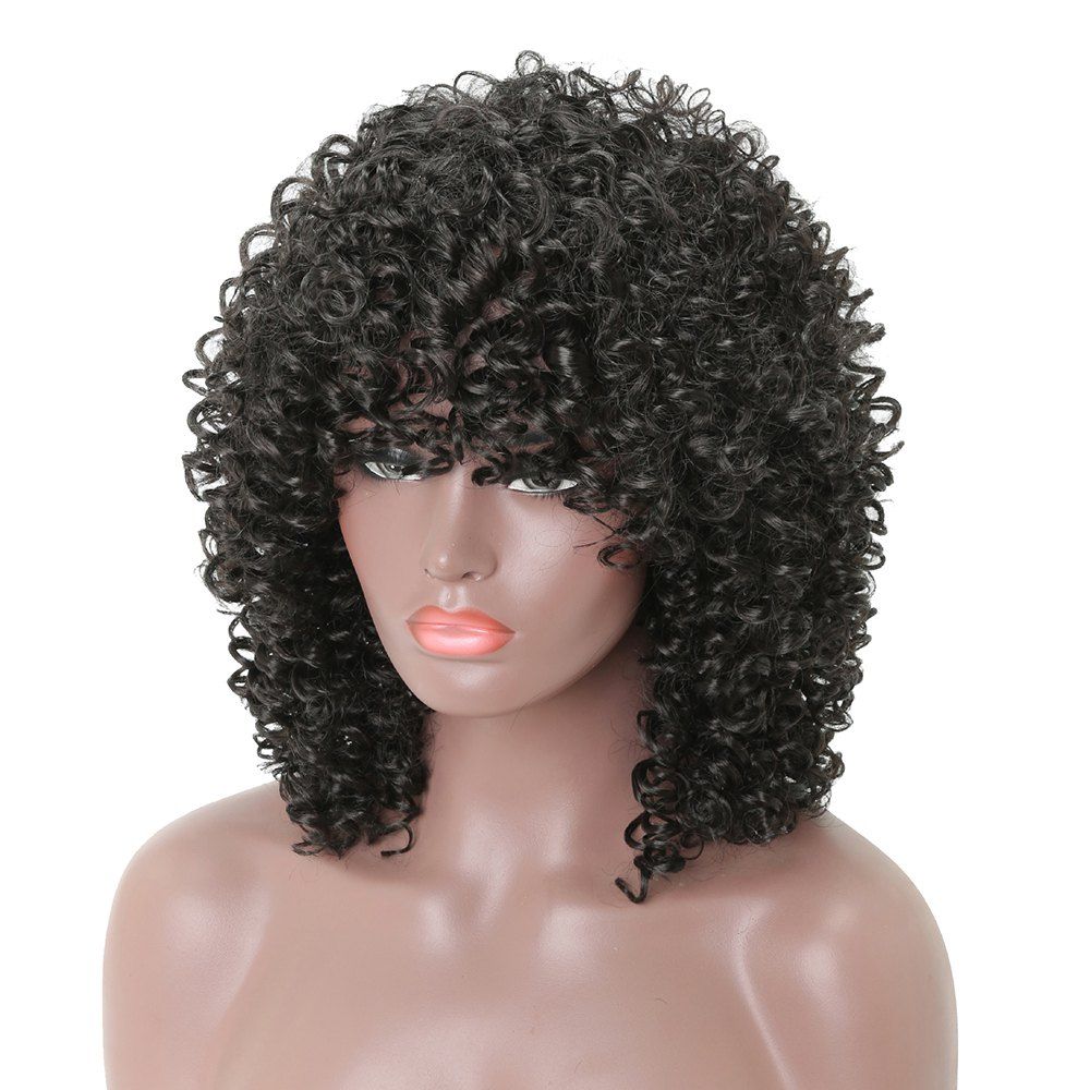 

Afro Long Curly Black Fashion Synthetic Heat Resistant Full Wigs with Bang