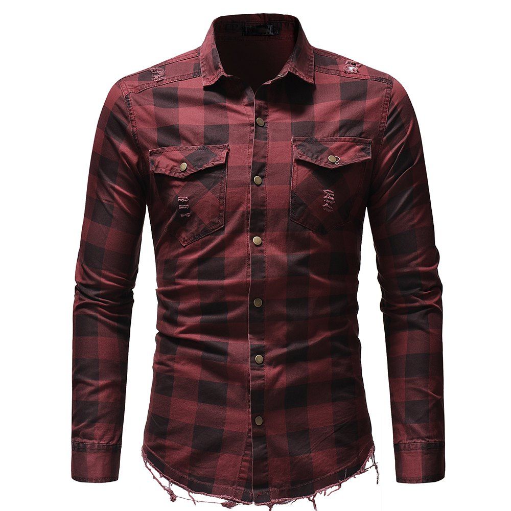 Burr Hem Plaid Pocket Decorated Denim Clothing Men's Long-sleeved Shirt, Red wine
Burr Hem Plaid Pocket Decorated Denim Clothing Men's Long-sleeved Shirt, Red wine