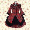 Black Red Check Long Sleeves Cotton Lolita Dress - Comme Photo FEMALE 2XL