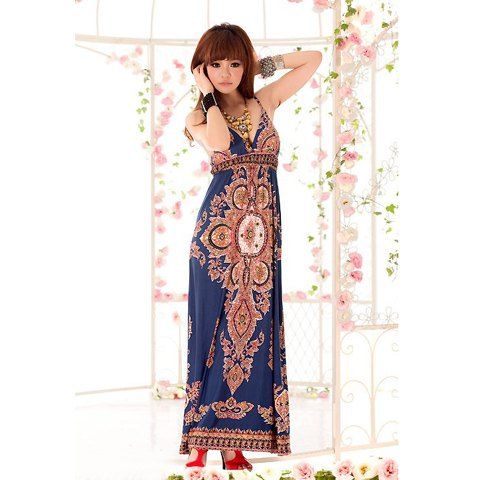 

Bohemian Sexy Plunging Neck Sleeveless Tiny Floral Print Maxi Dress For Women, Deep blue