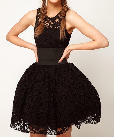 Scoop Collar Openwork Lace Sleeveless Waisted Slimming Women's Ball Gown Dress - Noir L