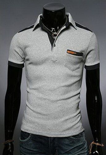 

Fashion Color Block Turn-down Collar Pocket Embellished Slimming Short Sleeves Men's Polo T-Shirt, Light gray